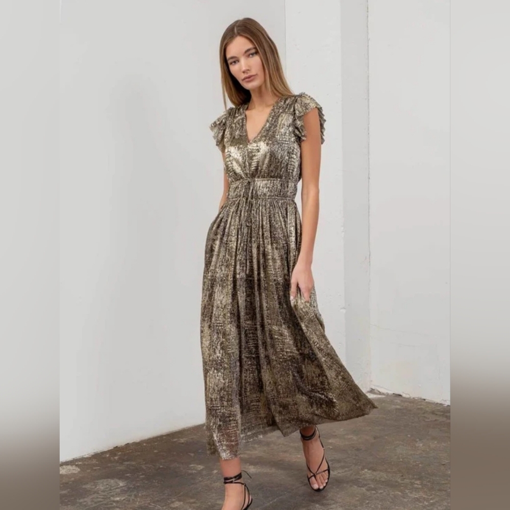Moon River Metallic Gold Maxi Dress NWT